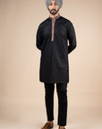 Rich Black Kurta With Striped Accents