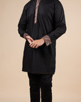 Rich Black Kurta With Striped Accents