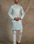 Powder Blue Raw Silk Embroidered Nehru Jacket Set