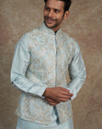 Powder Blue Raw Silk Embroidered Nehru Jacket Set