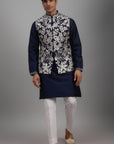 Metallic Blue Raw Silk Embroidered Nehru Jacket Set