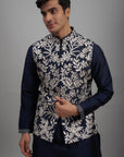 Metallic Blue Raw Silk Embroidered Nehru Jacket Set