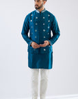 Blue Raw Silk Mirror Embroidered Nehru Jacket Set