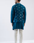 Blue Raw Silk Mirror Embroidered Nehru Jacket Set