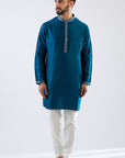 Blue Raw Silk Mirror Embroidered Nehru Jacket Set