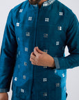 Blue Raw Silk Mirror Embroidered Nehru Jacket Set