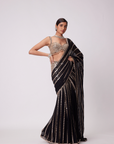 Black Pre Draped Hand Embroidered Saree Set