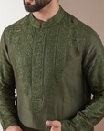 Olive Green Silk Dori Embroidered Kurta Set - Ready to Ship