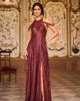 Maroon Sequin Halter Neck Gown