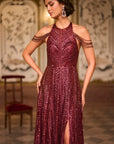 Maroon Sequin Halter Neck Gown