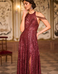 Maroon Sequin Halter Neck Gown