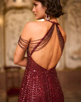 Maroon Sequin Halter Neck Gown