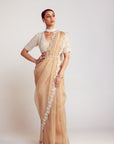Beige V Neck Pre-Draped Saree Set