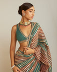 Pre Draped Mud Green Multicolor Saree Set