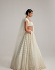 Off White Mirror And Pearl Drop Bridal Lehenga Set With Veil