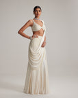 Off White Pearl And Mirror Embroidered Satin Draped Saree Set