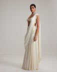 Off White Pearl And Mirror Embroidered Satin Draped Saree Set