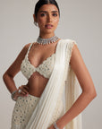 Off White Pearl And Mirror Embroidered Satin Draped Saree Set