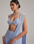 Dew Blue Linear Mirror And Pearl Embroidered Draped Saree Set