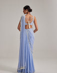 Dew Blue Linear Mirror And Pearl Embroidered Draped Saree Set