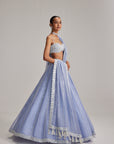 Dew Blue Linear Mirror Organza Lehenga Set