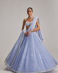 Dew Blue Linear Mirror Organza Lehenga Set