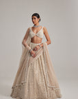 Light Beige Dense Mirror And Pearl Lehenga Set With Double Dupatta
