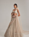 Light Beige Dense Mirror And Pearl Lehenga Set With Double Dupatta And Veil