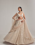 Light Beige Dense Mirror And Pearl Lehenga Set With Double Dupatta And Veil