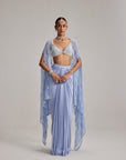 Dew Blue Cape And Satin Draped Skirt Set
