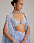 Dew Blue Cape And Satin Draped Skirt Set