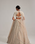 Light Beige Dense Mirror And Pearl Lehenga Set With High Neck Blouse And Double Dupatta