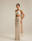 Light Beige One Shoulder Pencil Skirt With Stole Set
