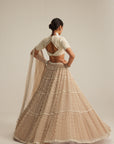 Light Beige Pearl Drop Multi Tier Lehenga With High Neck Blouse Set.