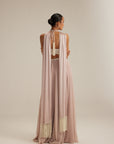 Ash Pink Georgette Skirt With Halter Neck Blouse And Stole