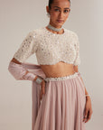 Ash Pink Georgette Skirt With High Neck Blouse And Stole