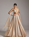 Light Beige V Neck Satin Skirt Set