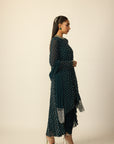 Dark Teal Silver Drop Kurta With Stole
