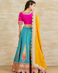 Turquoise Blue Lehenga With An Orange Dupatta Set