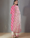 Pink Lehenriya Kurta With Cream Pants And An Off White Dupatta