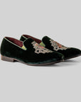 Emerald Velvet Embroidered Loafers