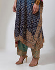 Navy Bandhani Shaded Kaftaan With A Green Pants