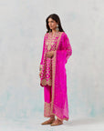 Fuschia Pink Kurta Short Set With Tulip Pants And A Dupatta