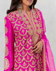 Fuschia Pink Kurta Short Set With Tulip Pants And A Dupatta