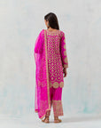Fuschia Pink Kurta Short Set With Tulip Pants And A Dupatta