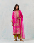 Dupion Fuschia Kurta With Lime Green Palazzo Set