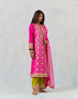 Dupion Fuschia Kurta With Lime Green Palazzo Set