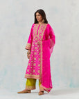 Dupion Fuschia Kurta With Lime Green Palazzo Set