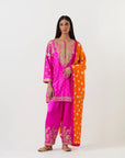 Fuschia Pink Short Tunic Set With An Orange Dupatta