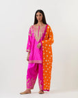Fuschia Pink Short Tunic Set With An Orange Dupatta